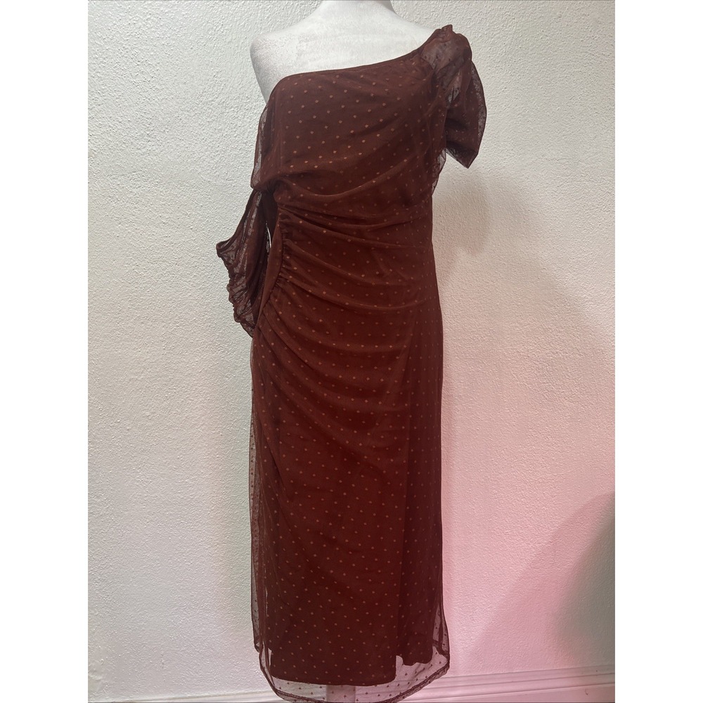 ASOS DESIGN Curve fallen shoulder ruched dobby mesh midi dress in chocolate s 14